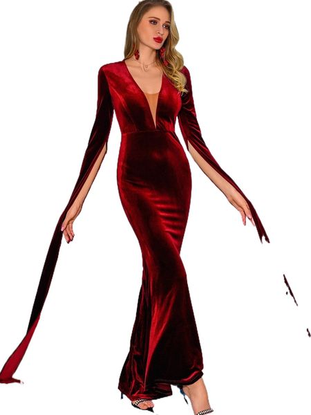 

love&lemonade plunging split sleeve velvet prom dress e4qq#, Black;gray