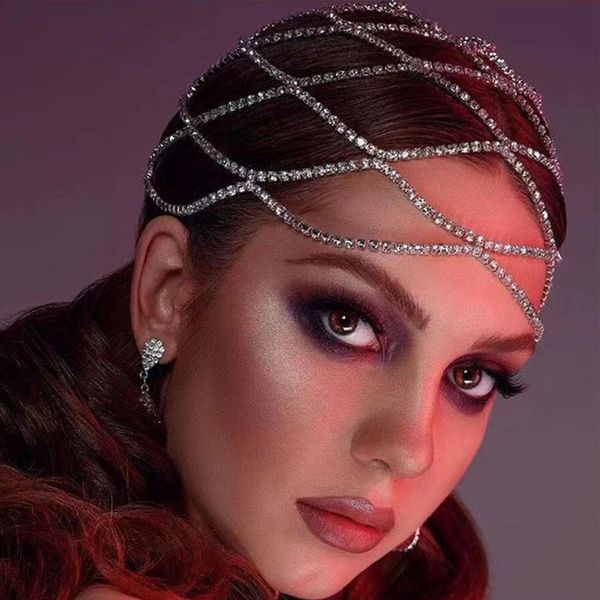 

multi-layer mesh bridal headband full rhinestone head chain hollow hair accessories crystal headpiece cap hat jewelry, Slivery;white
