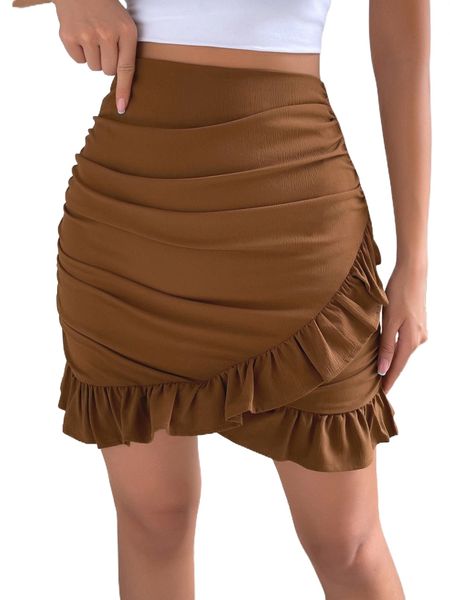 

ruched ruffle trim bodycon skirt p5hp#, Black