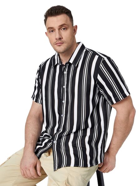 

extended sizes men random color block striped print shirt n5hr#, White;black