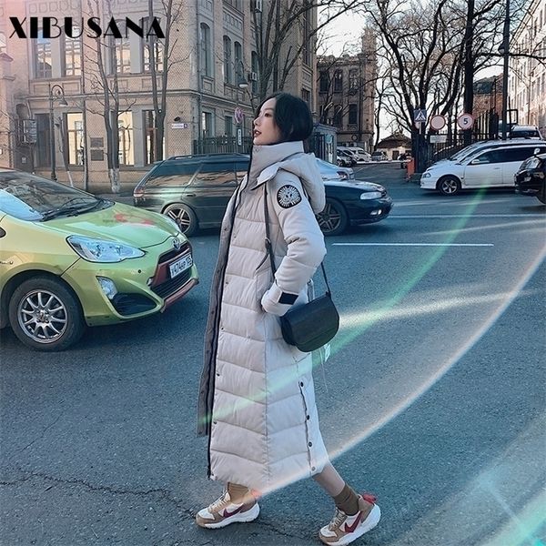 

xibusana female winter jacket hooded down padded jacket long over the knee cotton coats belt waist slimming parkas outerwear 201127, Black