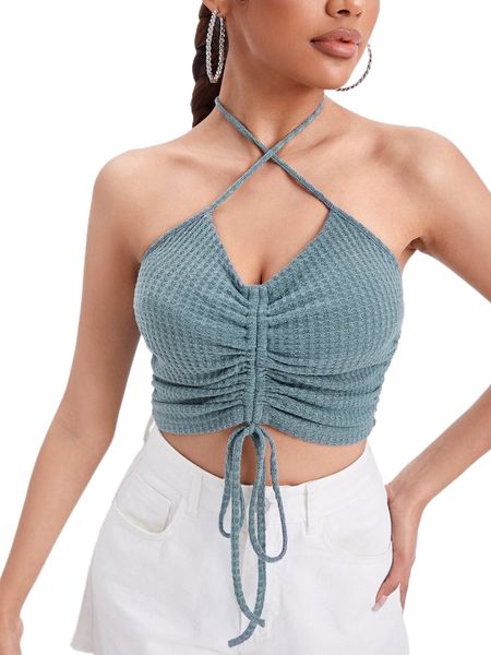 

ruched detail criss cross halter i05p#, White