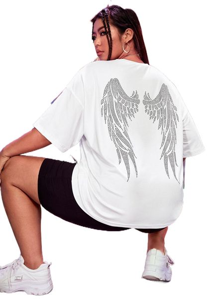 

plus wing rhinestone drop shoulder tee m8es#, Black