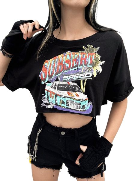 

car & letter graphic drop shoulder crop tee l2xc#, White