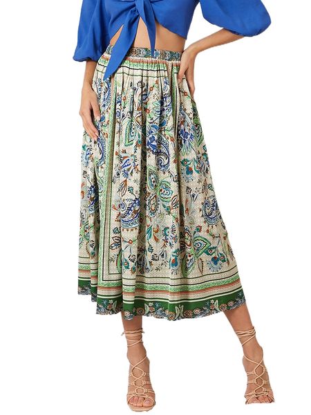

scarf print elastic waist skirt n186#, Black