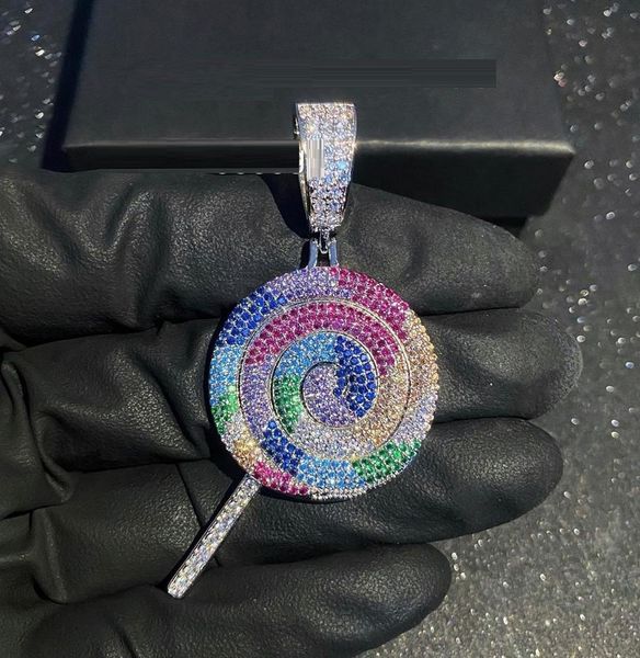 

hip hop cz multi color lollipop iced out cubic zircon necklace pendant for women men jewelry charm cz tennis chain, Silver