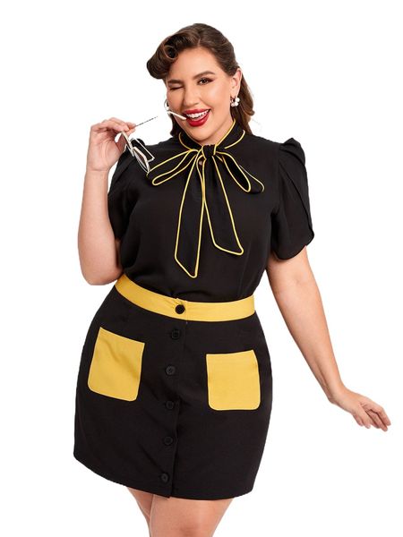 

plus tie neck puff sleeve blouse d2r9#, Black