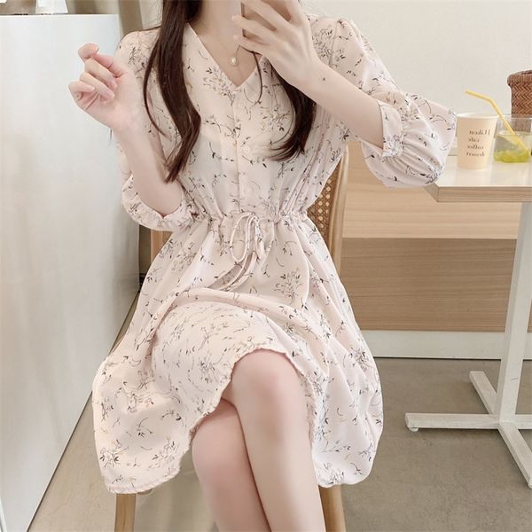 

plus size v neck summer dress girls boho party chiffon female vintage print long sleeve women es robe vestido 210520, Black;gray