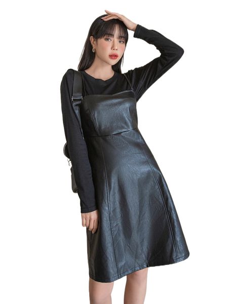 

dazy solid tee & pu cami dress 879z#, White