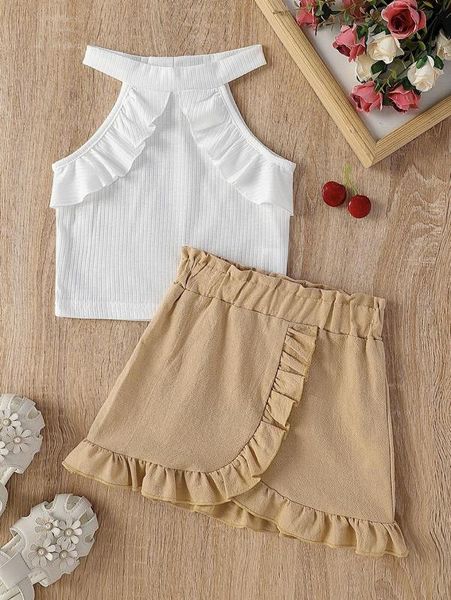 

toddler girls ruffle trim halter & paperbag waist skirt she, White