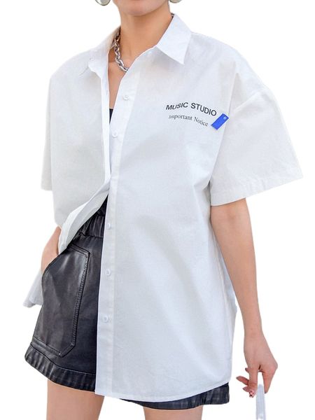 

dazy letter graphic patched button through blouse f4bd#, White