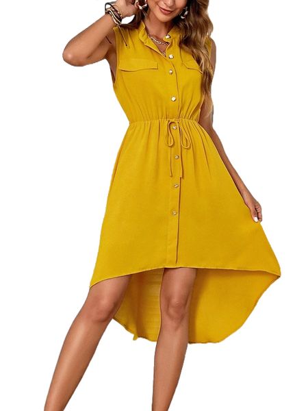 

single breasted knot front high low hem dress j60y#, Black;gray