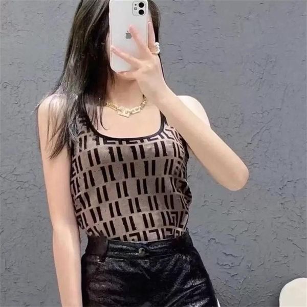 

women's tanks & camis high-quality women's knits designer retro u-neck ff letter jacquard knitted slim-fit camisole size s-l, White