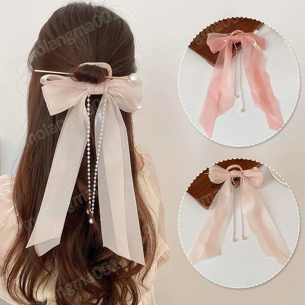 Mode Metall Perle Band Haar Sticks für Frauen Koreanische Floral Bogen Haar Clip Mädchen Haarnadeln Lange Quaste Haar Brötchen Maker headwear