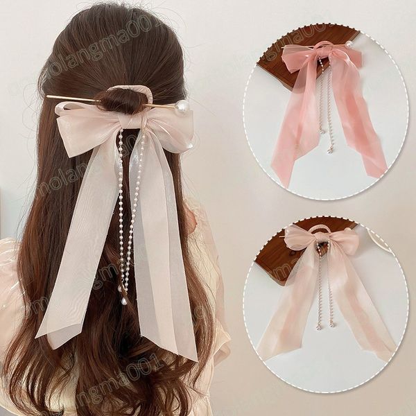 

fashion metal pearl ribbon hair sticks for women korean floral bow hair clip girls hairpins long tassel hair bun maker headwear, Golden;silver