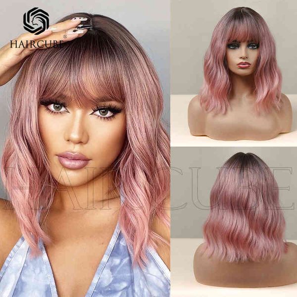 

synthetic wigs new product in 2022 fashion dyed black gradient pink shoulder length short curly wigs for daily use 220530