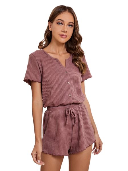 

waffle knit notched neck lounge set h3nd#, Black;red