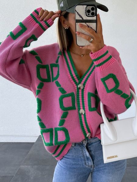

2022gg letter printed cardigan women v neck long sleeve autumn winter vintage knitted sweater loose casual fashion jumper, White;black