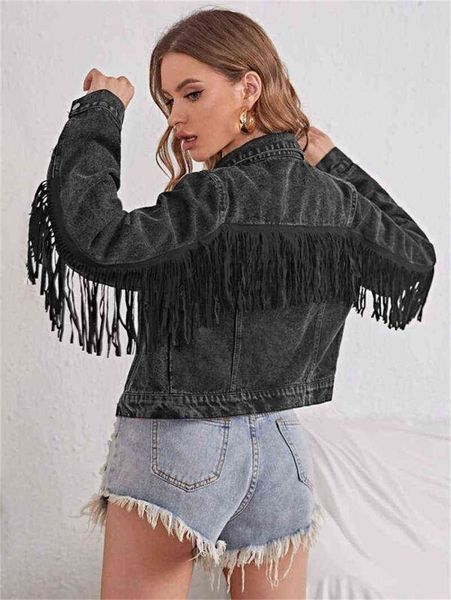 

new autumn women fashion long sleeve casual ladies outerwear chaqueta mujer stylish fringe beaded loose denim jacket coat l220714, Black