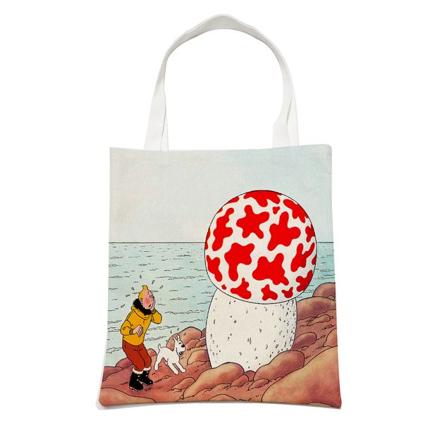 

fashion the adventures of tintin canvas women shopping bag double print classic cartoon anime student tote handbag for boy girl