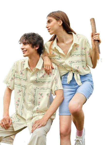 

romwe 1pc floral print button front shirt without tee s8yz#, White;black