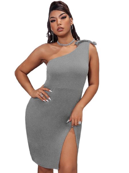 

plus one shoulder knot detail split thigh dress 33f0#, Black