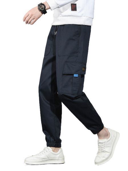 

men letter patch detail flap pocket drawstring waist cargo pants k71r#, Black