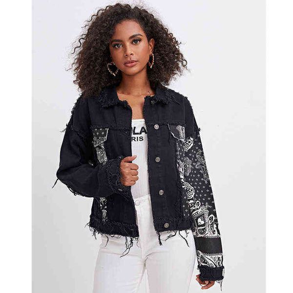 

personalized denim jacket women's new fashion frayed black denim jacket spring autumn all match printing torn lapel jacket l220714, Black;brown