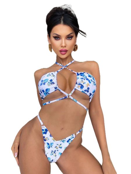 

plant print lace up thong bikini swimsuit 26dl#, White;black