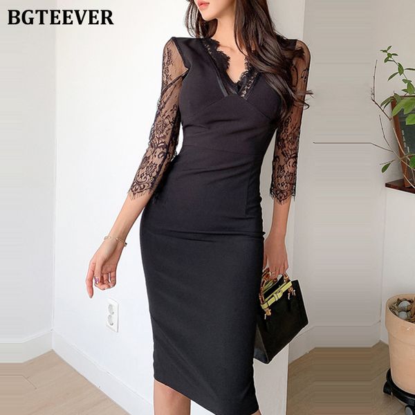 

chic v-neck bodycon dress for women long sleeve lace patchwork package hip dress female spring autumn vestidos, Black;gray