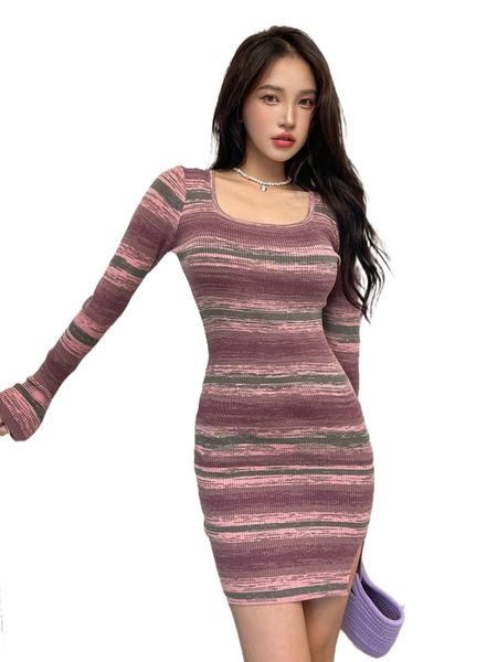 

dazy striped pattern slit hem sweater dress 8225#, White;black