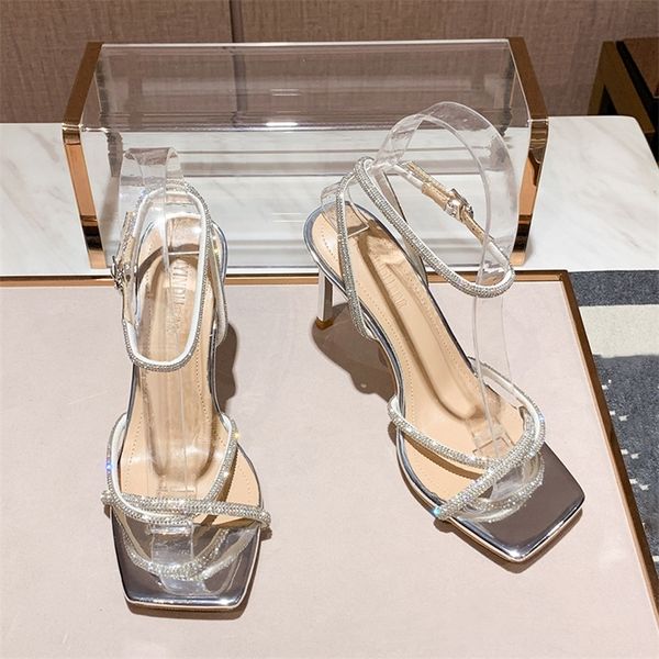 

fashion rhinestones gladiator silver high heels ankle strap strappy sandals women stiletto party bridal shoes 220504, Black