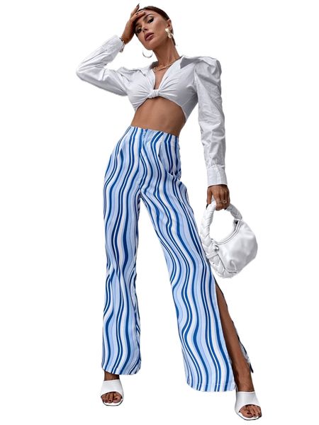 

random print split hem zipper fly pants t4pr#, Black;white