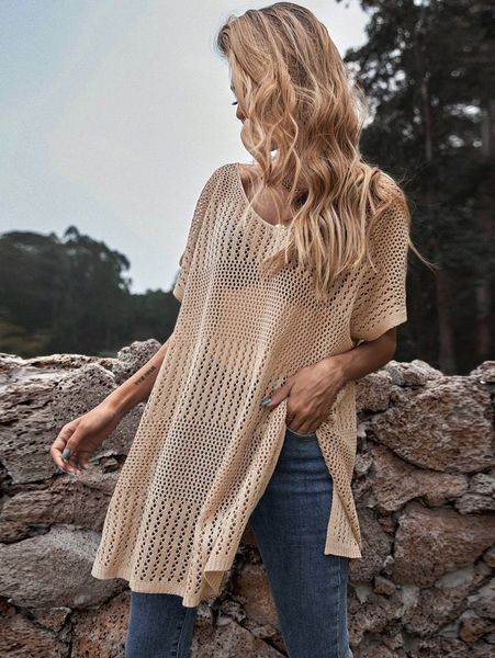 

scoop neck sheer crochet cover up without bikini 73kd#, White;black