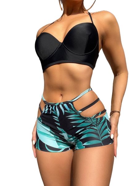 

tropical print cut out push up bikini swimsuit l0tp#, White;black