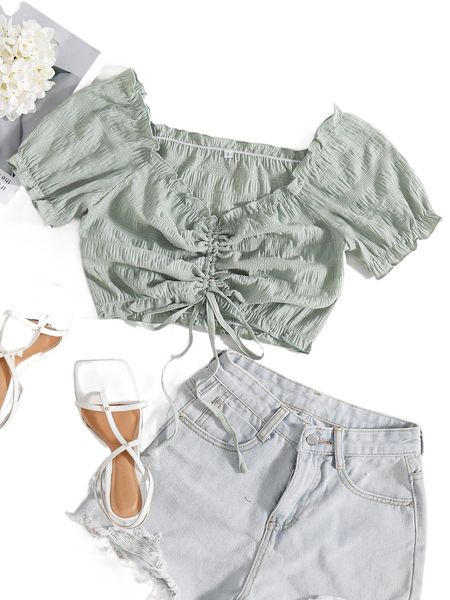 

drawstring ruched crop blouse a7v5#, White