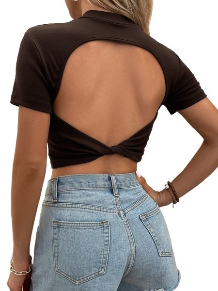 

twist backless mock neck ribbed knit crop tee b7vz#, White