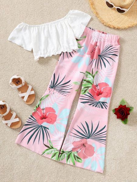 

girls off shoulder blouse & tropical print flare leg pants she, White