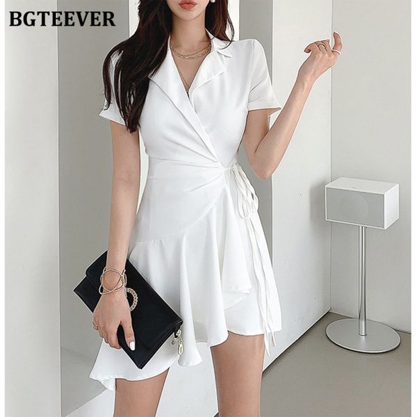 

elegant notched collar women a-line dress short sleeve lace-up irregular female dress ladies short vestidos 2021 summer, Black;gray