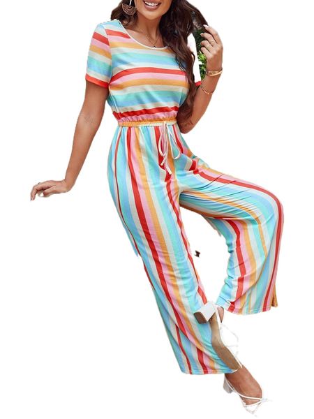 

colorful striped tie front cut out back jumpsuit 12yv#, Black;white