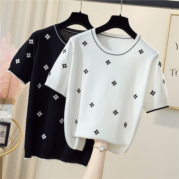 

cotton t-shirt women 2022 summer new o-neck pullover flower knitwear size 4xl casual sweater short-sleeved sueters de mujer, White;black