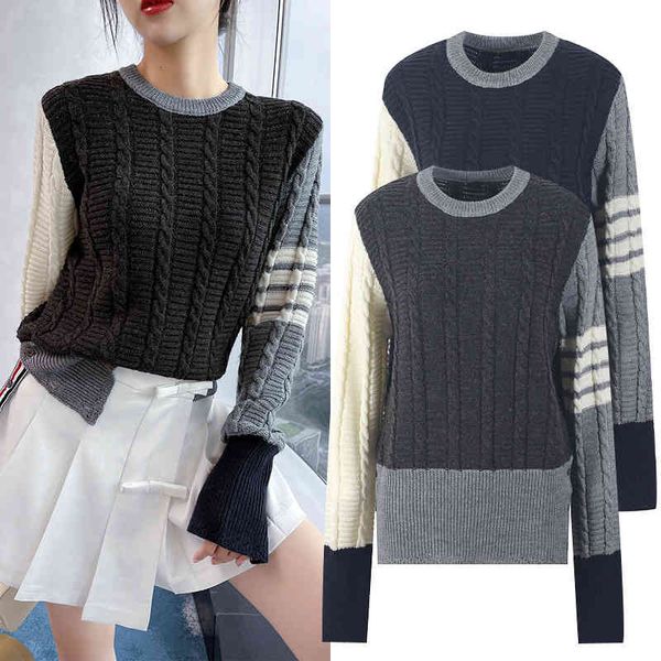 

women's knits tees autumn and winter color contrast fried dough twist tb four bar sweater pullover trend 8c0t, White
