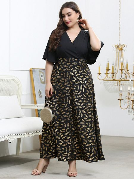 

plus feather print surplice front prom dress g2zz#, Black