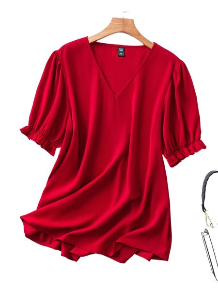 

plus solid v-neck flounce sleeve blouse w4b4#, Black