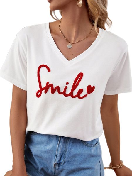 

heart & letter pattern drop shoulder tee r6mw#, White