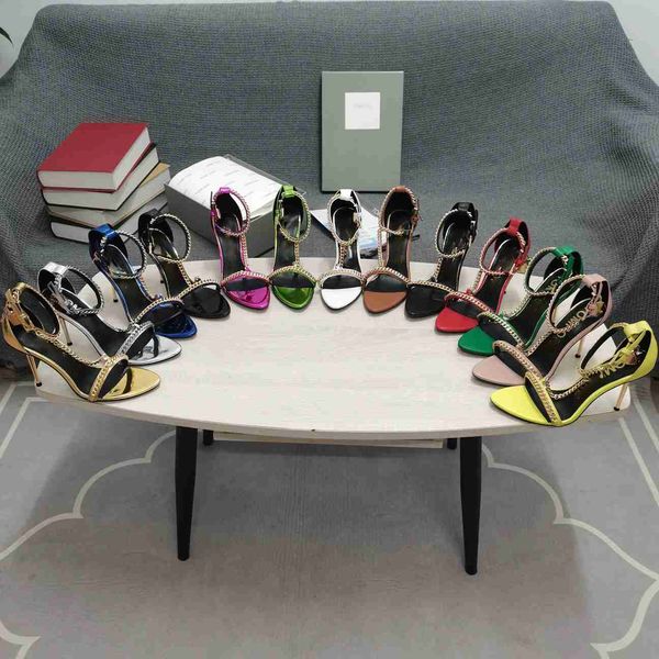 

famous brand paris women's designer open toe wedding sandals .5cm party high heel shoe summer classic luxury metal chain sandals elli, Black