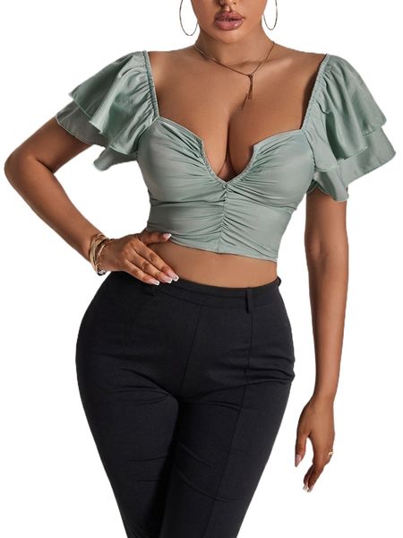 

sxy ruched sweetheart neck flutter sleeve blouse n0ie#, White