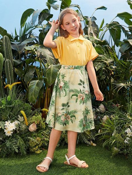 

girls solid collared blouse &tropical print flared skirt she, White