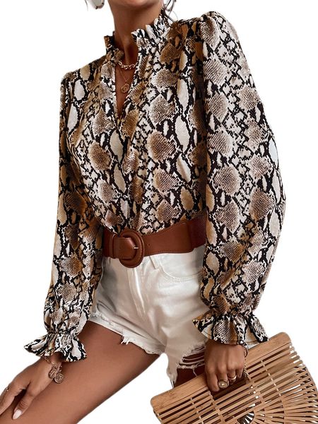 

snakeskin print frill notched neck flounce sleeve blouse q2uh#, White