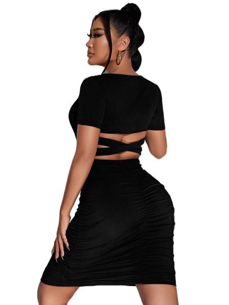 

sxy criss cross back cut out bodycon dress q1at#, Black;gray